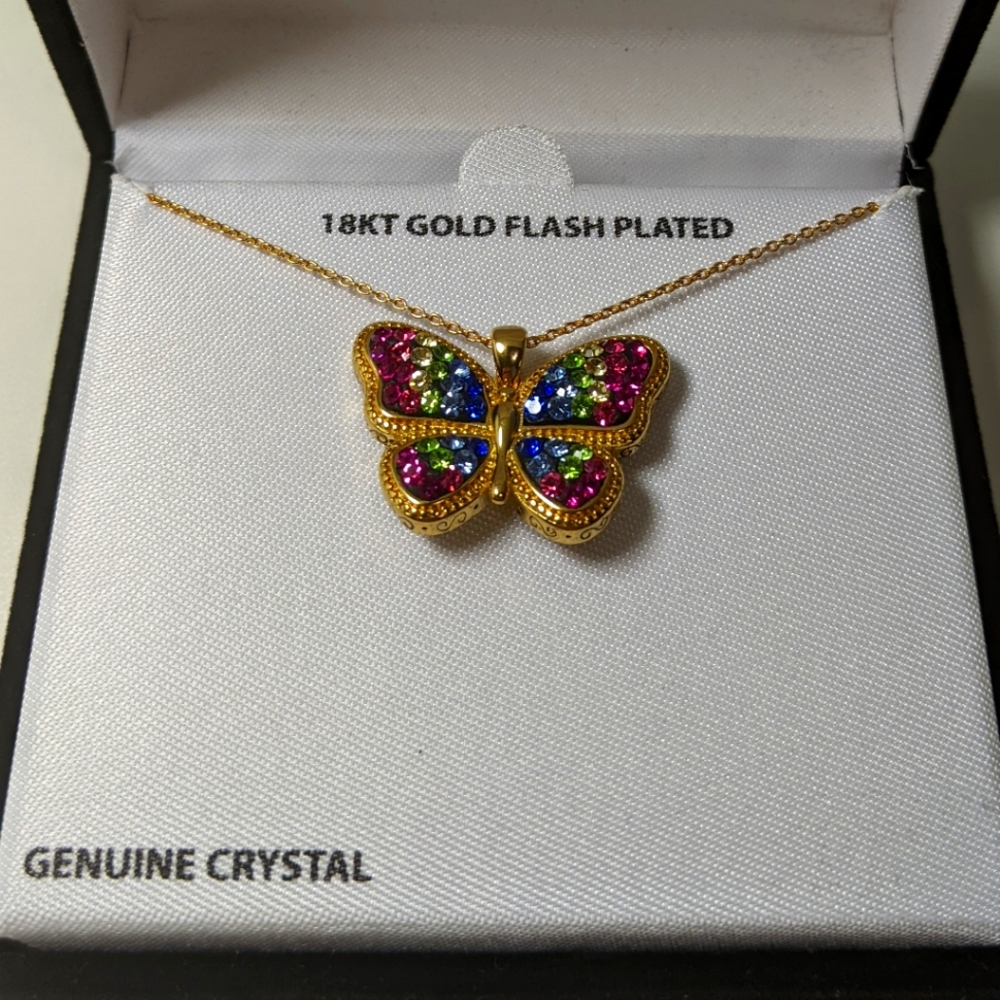 Brass 18KT Gold Flash Plated Rainbow Crystal Butterfly Necklace